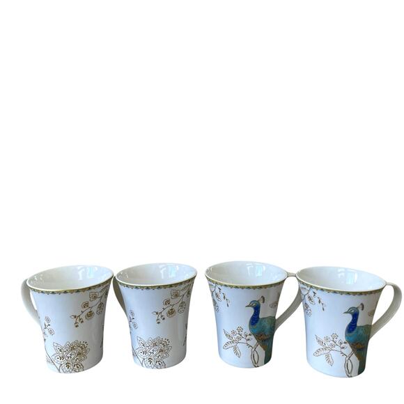 222 Fifth Peacock Garden Porcelain Mug Set of 4 Teal Gold Floral Scroll NEW - Picture 16 of 16